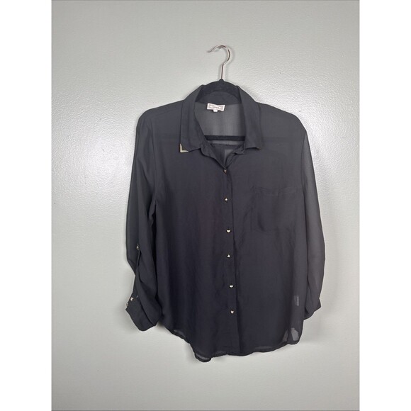 Kirra Pacsun Sheer Button Up Black Blouse Stud Buttons Roll Tab Sleeve Women’s L - Picture 1 of 9